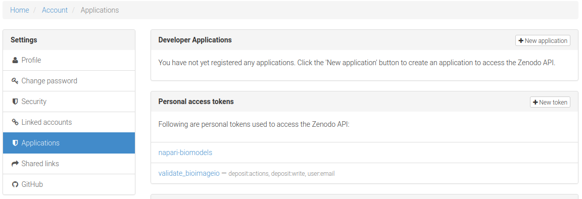 View on Zenodo settings where user could generate token.